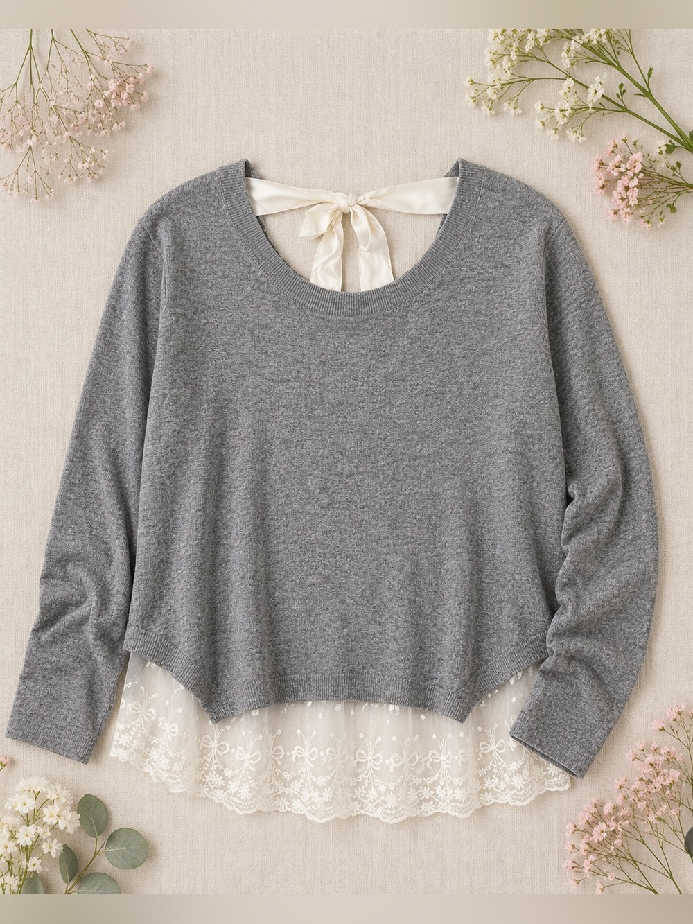 Anthro Zero Degrees Celsius Grey Lace Hem Sweater Bow Back Top M